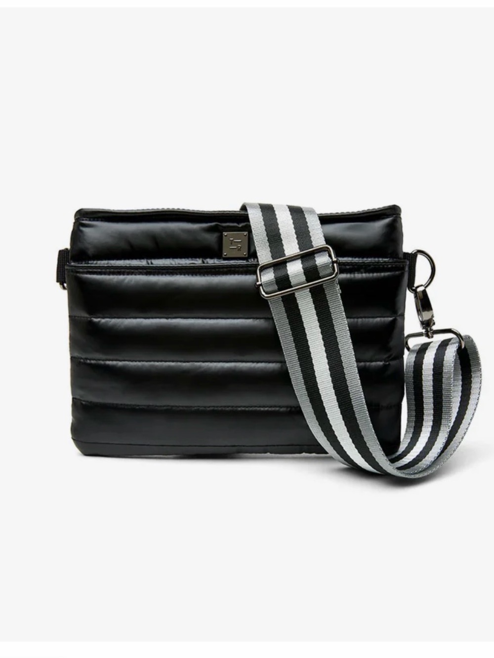 THINK ROYLN Black Quilted Crossbody with Striped Strap